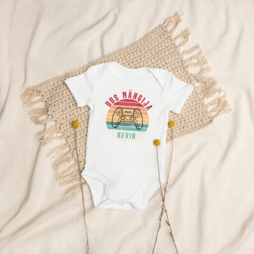 Personaalse trükiga orgaanilisest puuvillast veniv beebibodi - lapse nime ja sünniaastaga