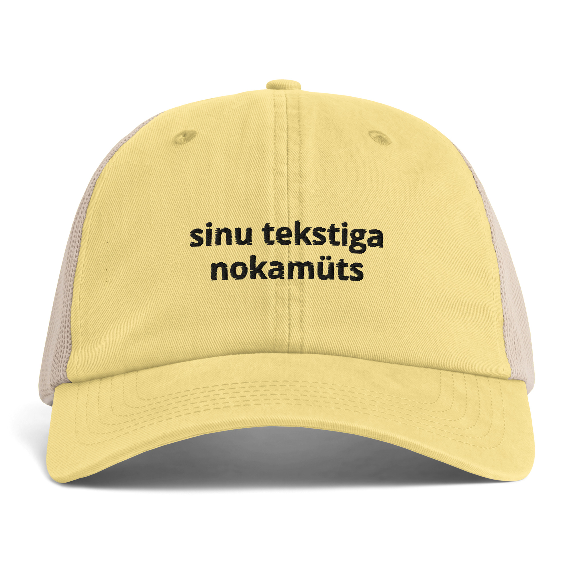 Võrguga nokamüts sinu valitud tekstiga, kollane-pruun, eestvaade