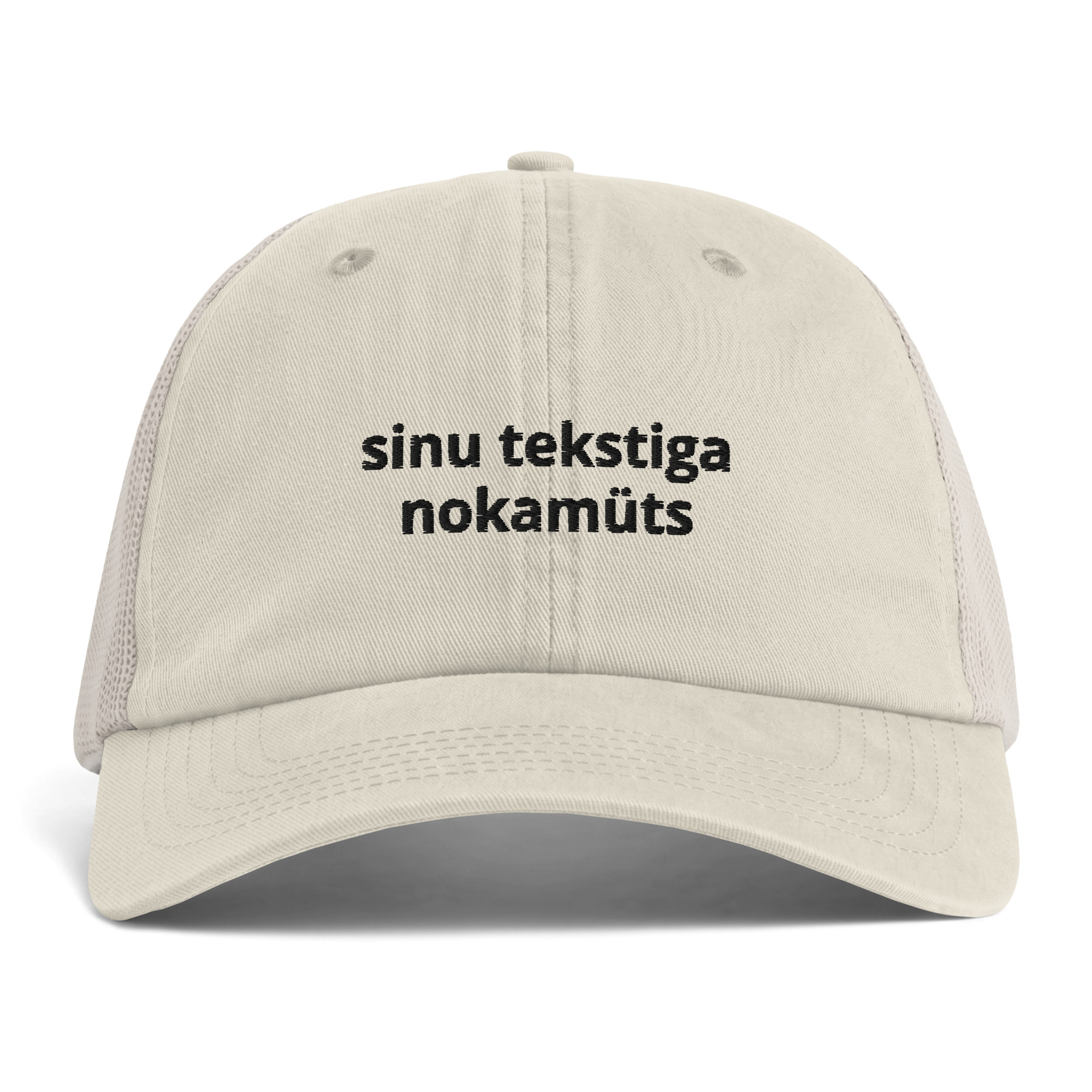 Võrguga nokamüts sinu valitud tekstiga, elevandiluuvalge, eestvaade